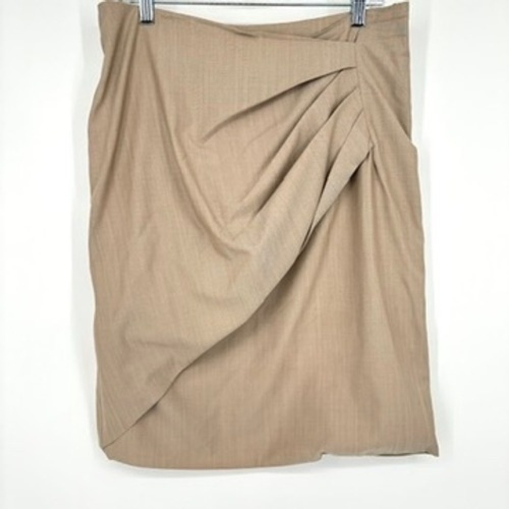 MaxMara Midi Skirt Midi Wool Silk Draped Lined Zip Pockets Beige Woven Size 10 - Picture 2 of 11